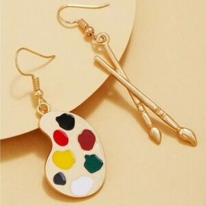 Gold-Tone Palette and Paintbrush Mismatched Drop Earrings BRAND NEW